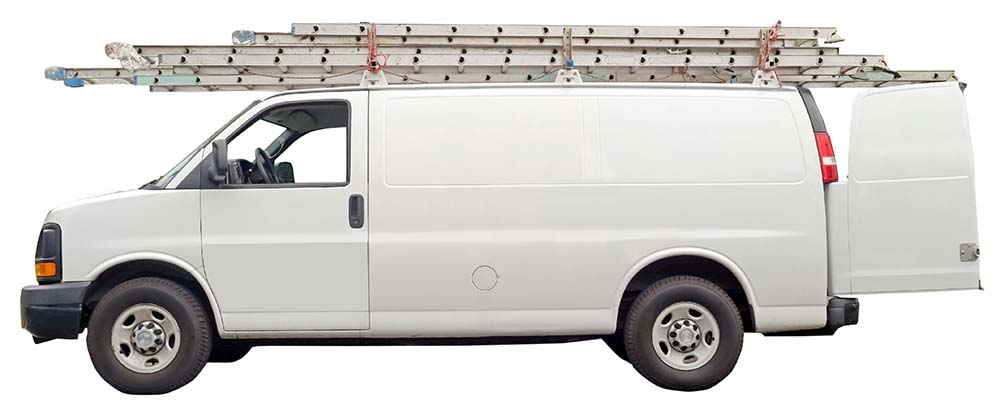 White ADP Garage Door Repair service van with ladders on the roof